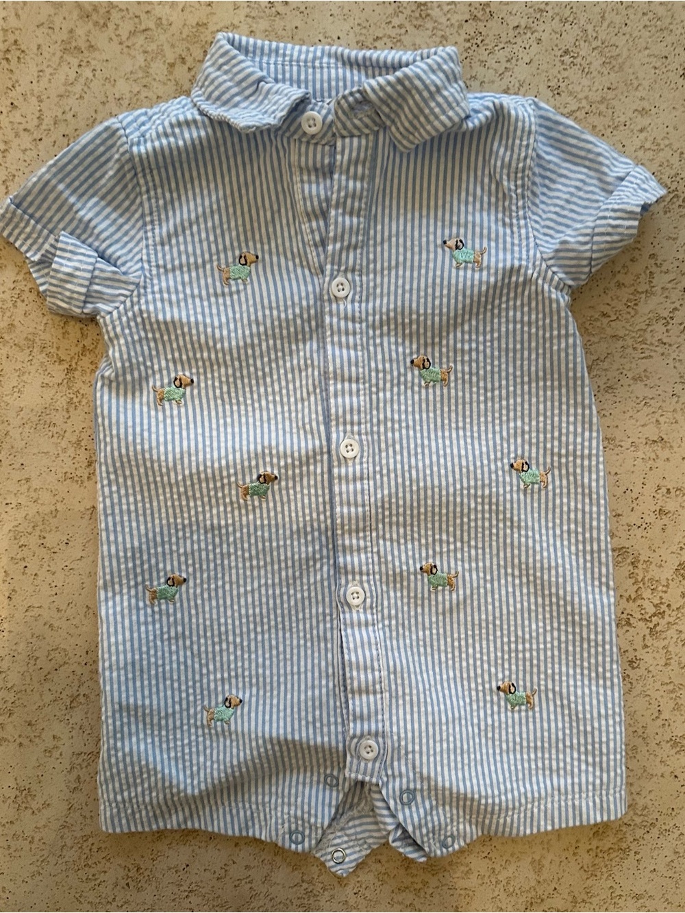 Little Me Baby Boy Blue Striped Puppy Embroidered Romper Shortall 6 months
